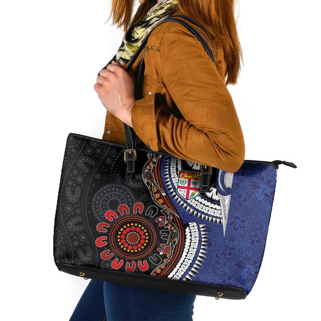 Fiji and Australia Together Leather Tote Bag Kangaroo Aboriginal with Tribal Tapa Hibiscus Half Style - Polynesian Pride