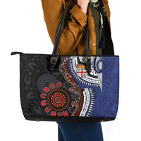 Fiji and Australia Together Leather Tote Bag Kangaroo Aboriginal with Tribal Tapa Hibiscus Half Style - Polynesian Pride