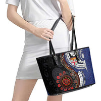 Fiji and Australia Together Leather Tote Bag Kangaroo Aboriginal with Tribal Tapa Hibiscus Half Style - Polynesian Pride