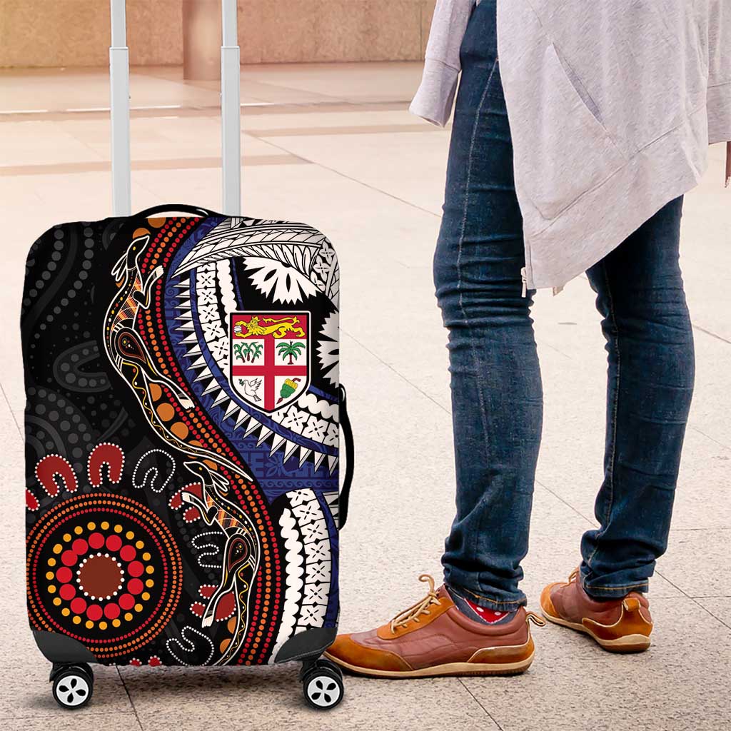 Fiji and Australia Together Luggage Cover Kangaroo Aboriginal with Tribal Tapa Hibiscus Half Style - Polynesian Pride