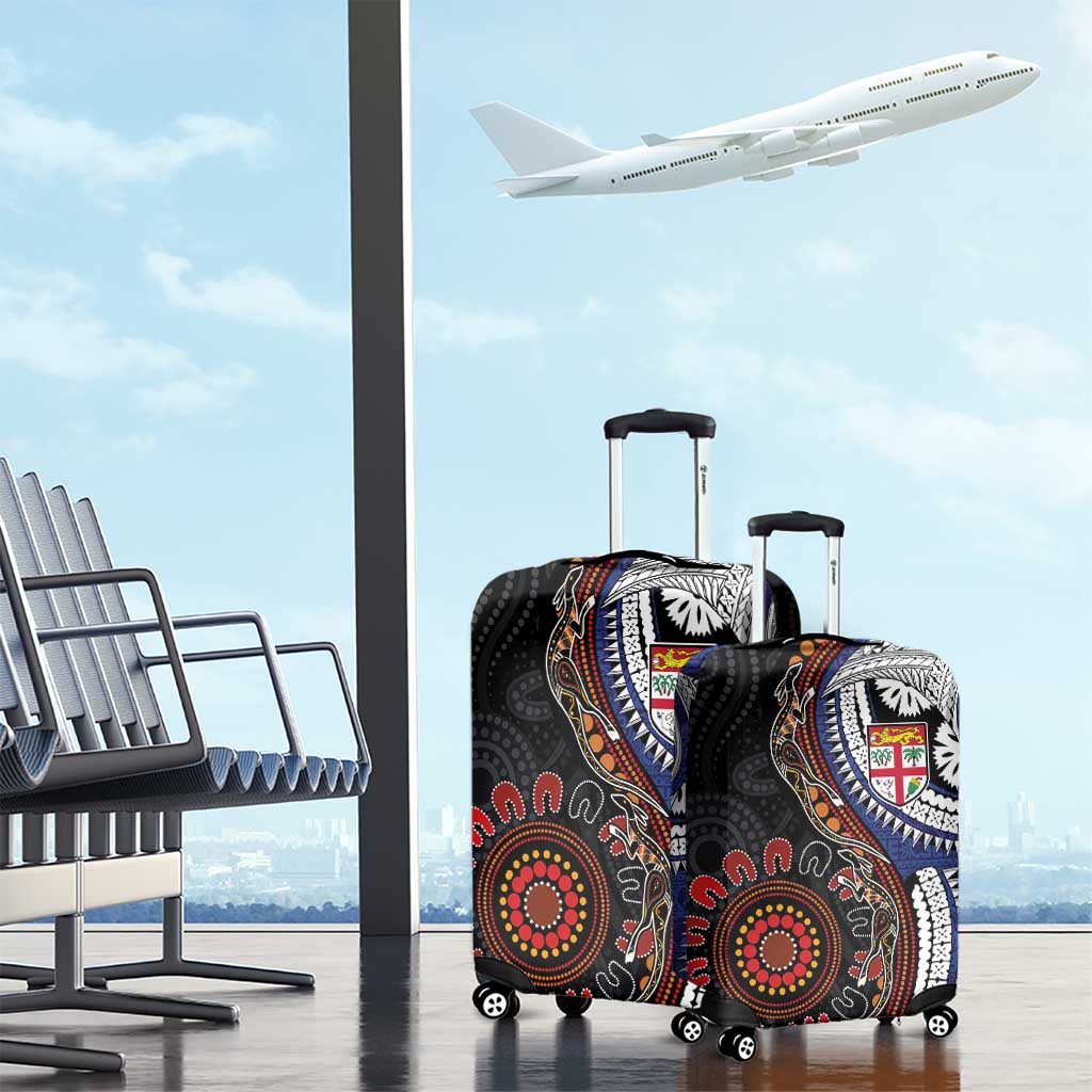 Fiji and Australia Together Luggage Cover Kangaroo Aboriginal with Tribal Tapa Hibiscus Half Style - Polynesian Pride