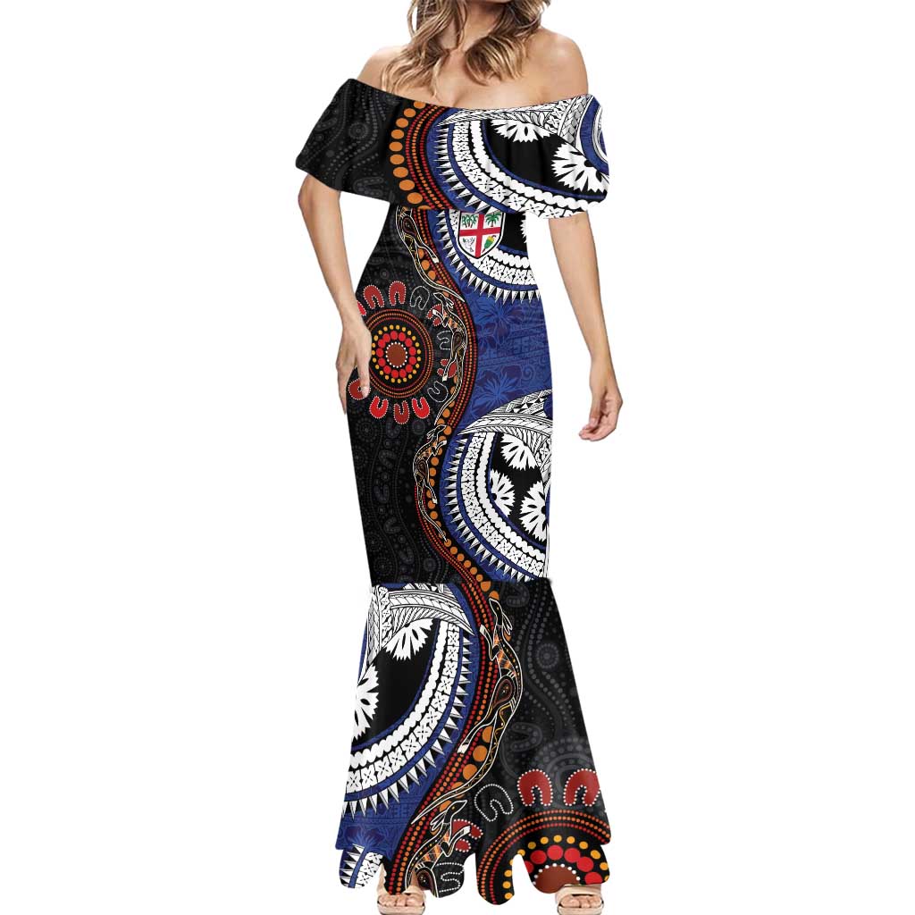 Fiji and Australia Together Mermaid Dress Kangaroo Aboriginal with Tribal Tapa Hibiscus Half Style - Polynesian Pride