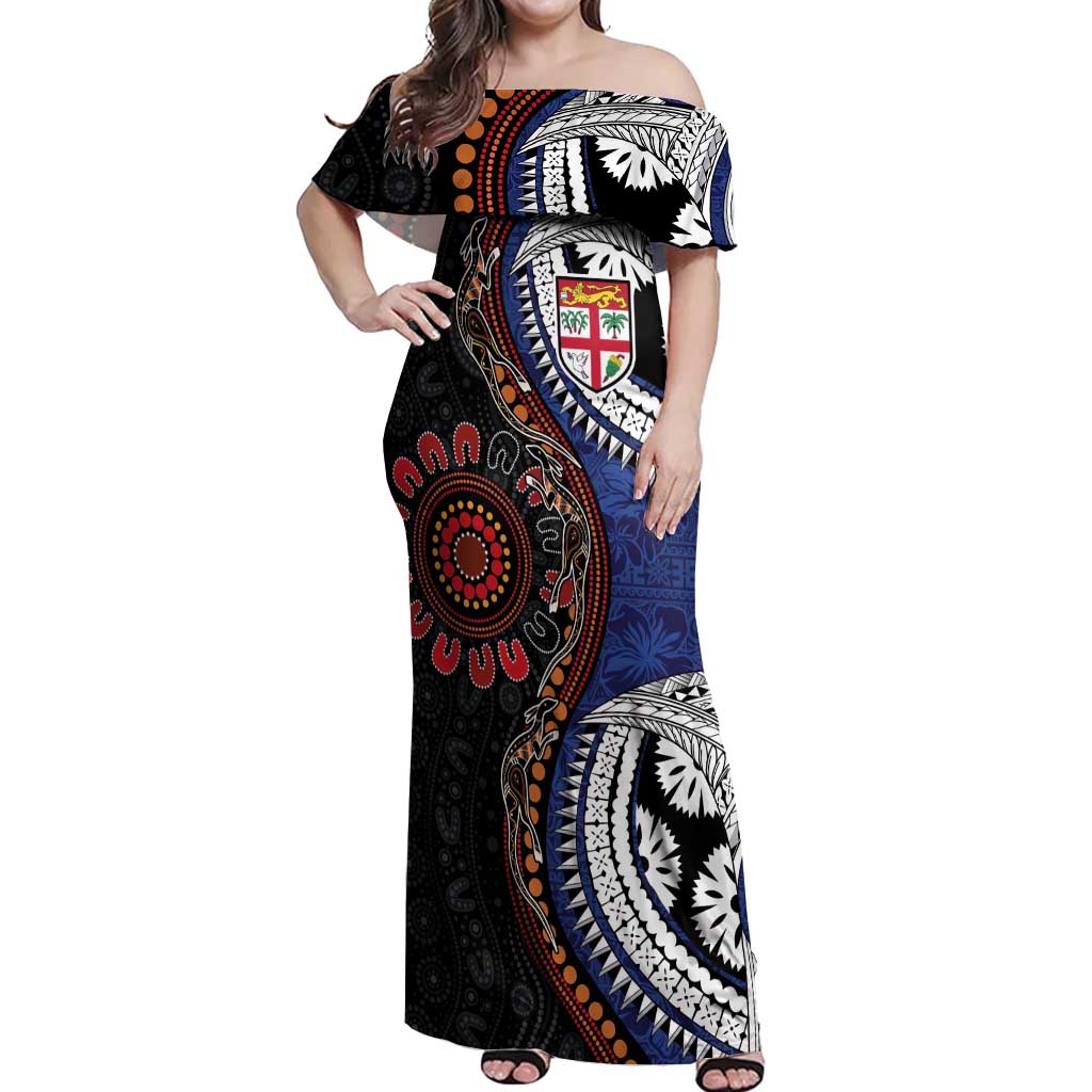 Fiji and Australia Together Off Shoulder Maxi Dress Kangaroo Aboriginal with Tribal Tapa Hibiscus Half Style - Polynesian Pride