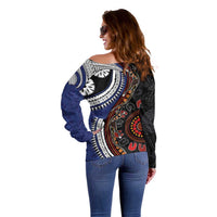 Fiji and Australia Together Off Shoulder Sweater Kangaroo Aboriginal with Tribal Tapa Hibiscus Half Style - Polynesian Pride