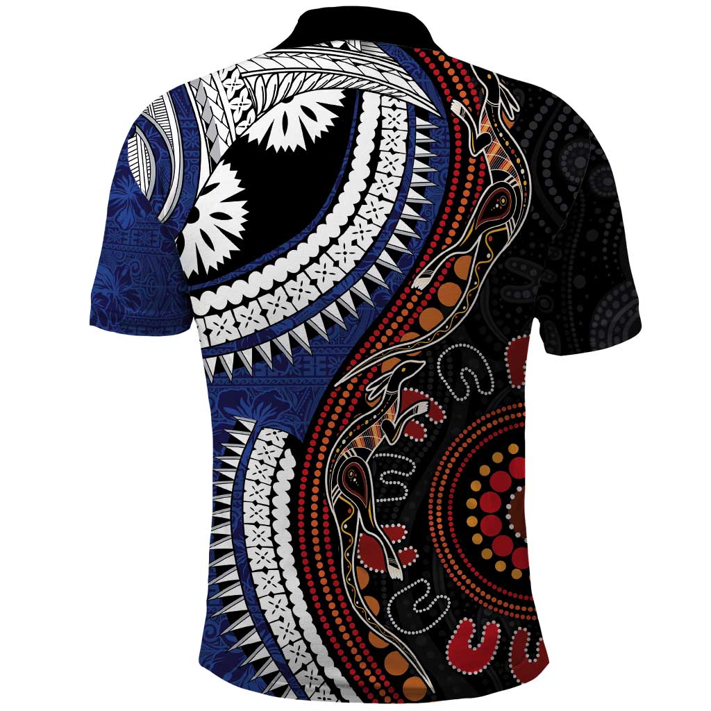 Fiji and Australia Together Polo Shirt Kangaroo Aboriginal with Tribal Tapa Hibiscus Half Style - Polynesian Pride