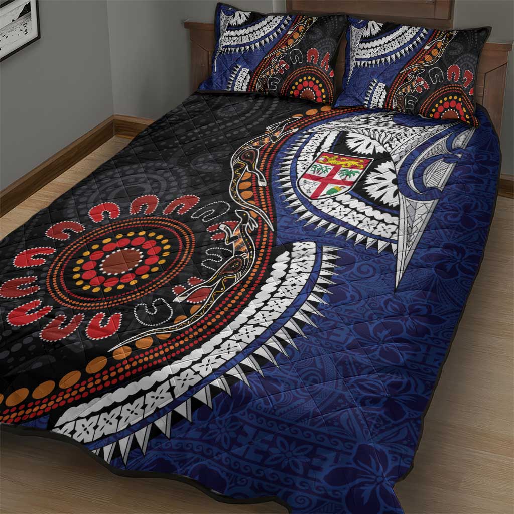 Fiji and Australia Together Quilt Bed Set Kangaroo Aboriginal with Tribal Tapa Hibiscus Half Style - Polynesian Pride