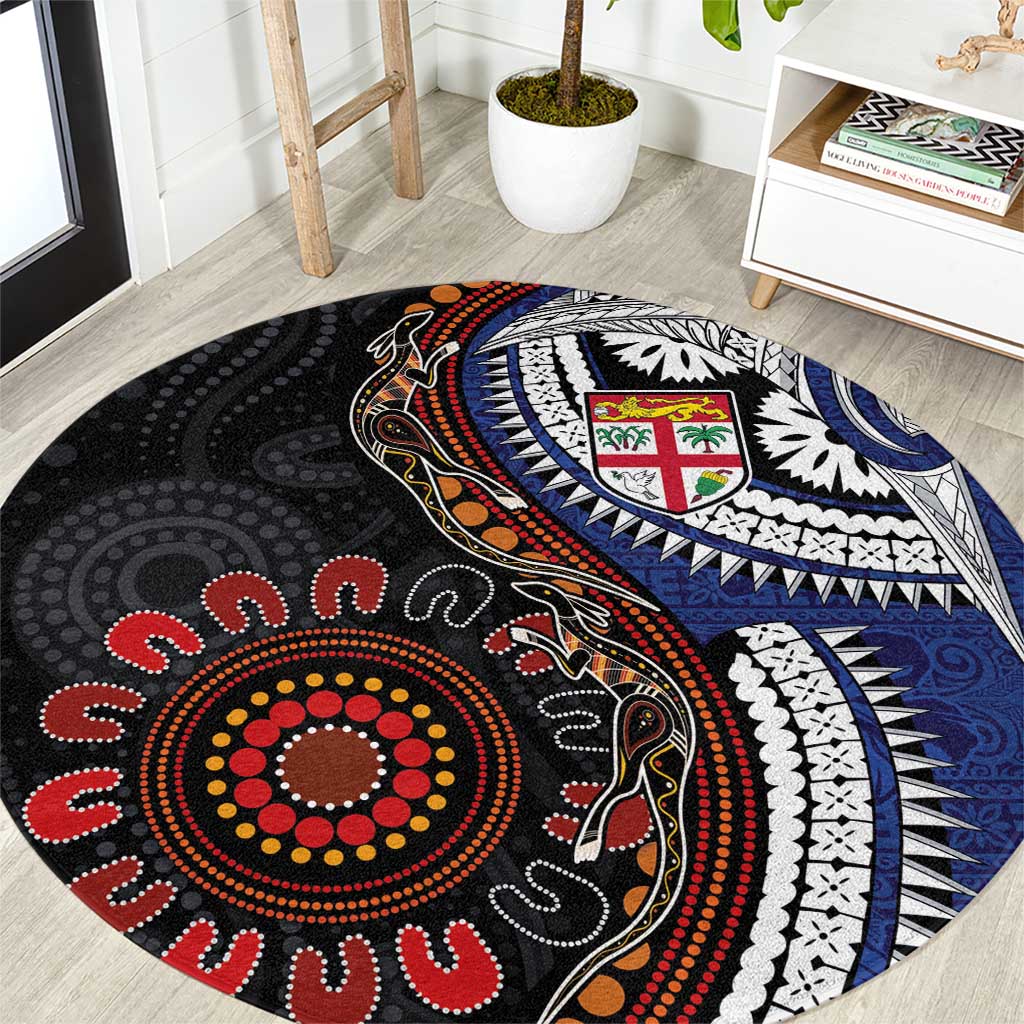 Fiji and Australia Together Round Carpet Kangaroo Aboriginal with Tribal Tapa Hibiscus Half Style - Polynesian Pride