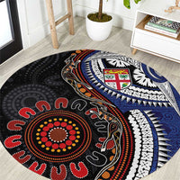 Fiji and Australia Together Round Carpet Kangaroo Aboriginal with Tribal Tapa Hibiscus Half Style - Polynesian Pride