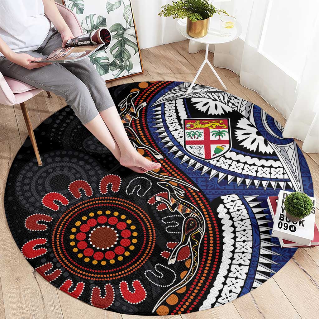 Fiji and Australia Together Round Carpet Kangaroo Aboriginal with Tribal Tapa Hibiscus Half Style - Polynesian Pride