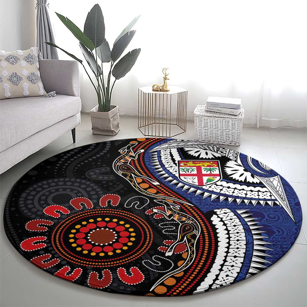 Fiji and Australia Together Round Carpet Kangaroo Aboriginal with Tribal Tapa Hibiscus Half Style - Polynesian Pride