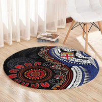 Fiji and Australia Together Round Carpet Kangaroo Aboriginal with Tribal Tapa Hibiscus Half Style - Polynesian Pride