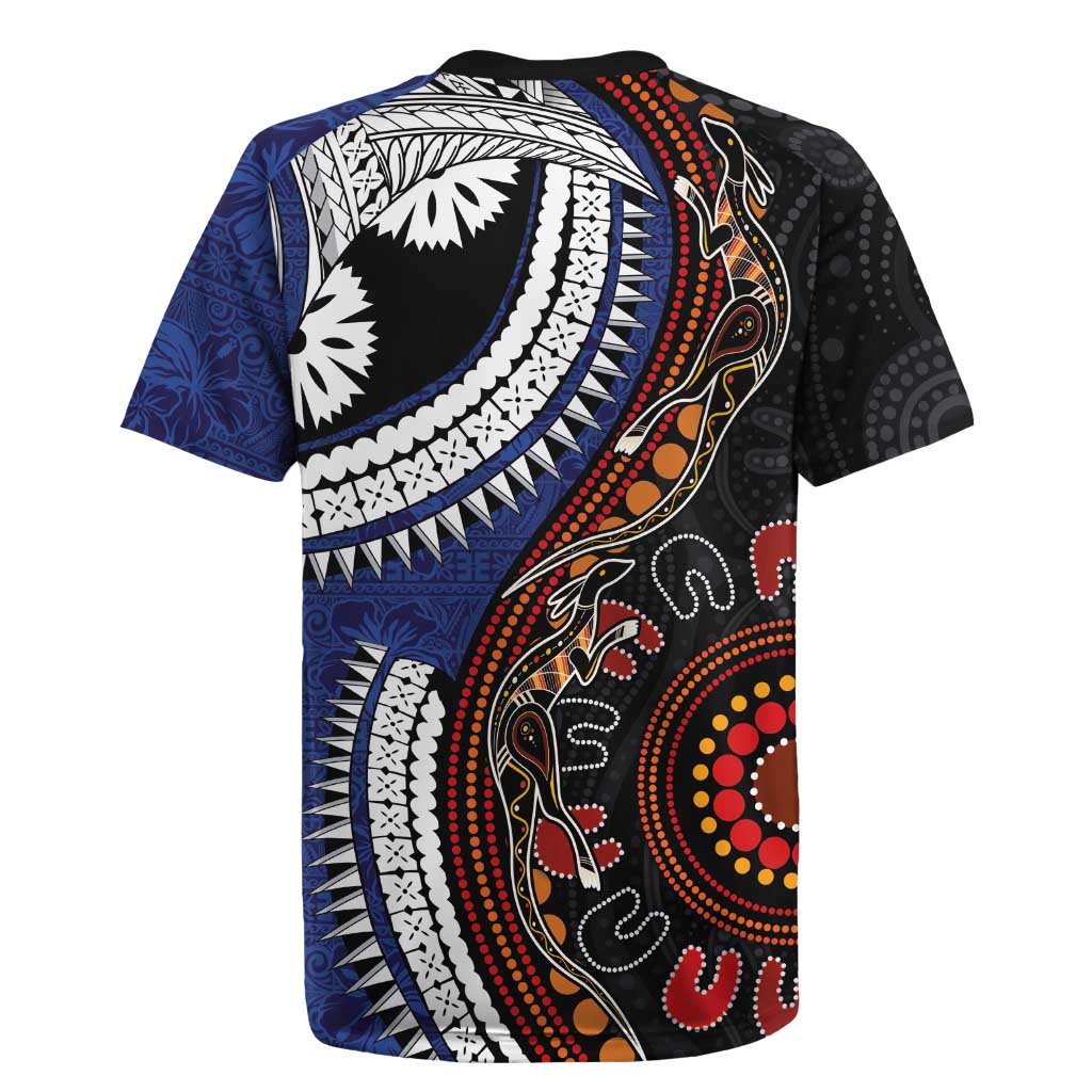 Fiji and Australia Together Rugby Jersey Kangaroo Aboriginal with Tribal Tapa Hibiscus Half Style - Polynesian Pride