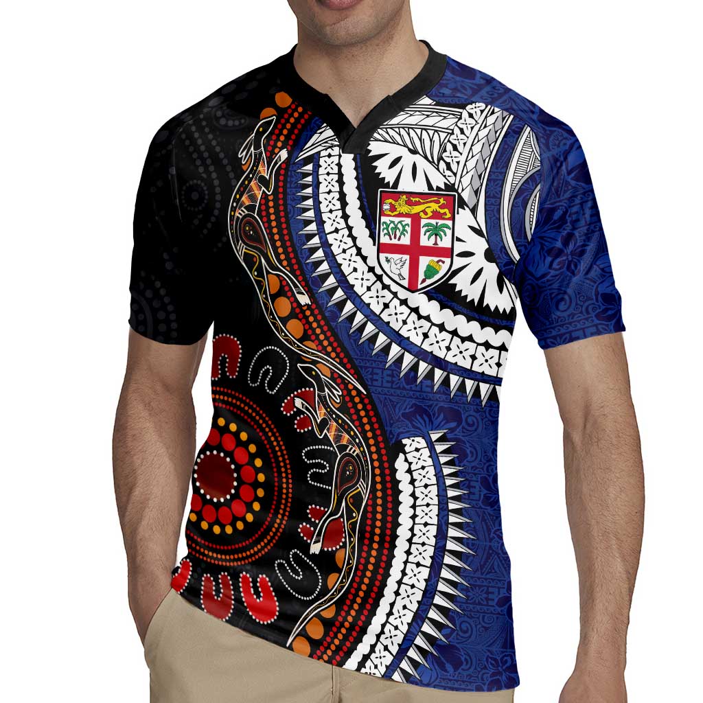 Fiji and Australia Together Rugby Jersey Kangaroo Aboriginal with Tribal Tapa Hibiscus Half Style - Polynesian Pride
