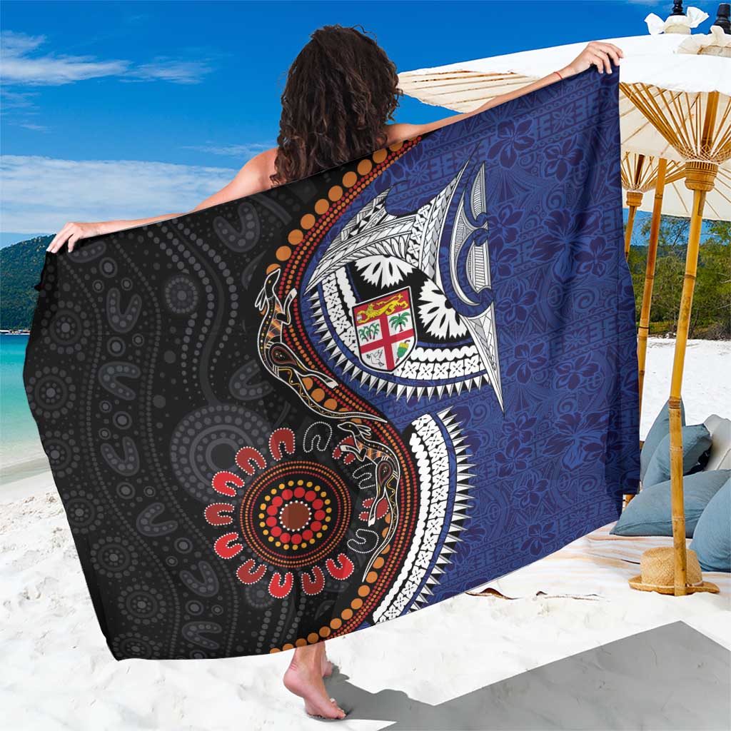 Fiji and Australia Together Sarong Kangaroo Aboriginal with Tribal Tapa Hibiscus Half Style LT03 One Size 44 x 66 inches Black - Polynesian Pride