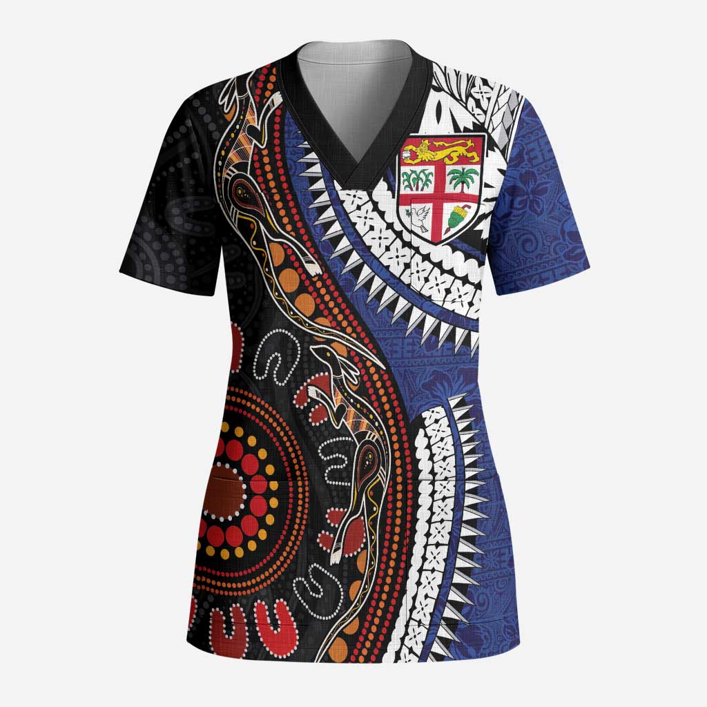 Fiji and Australia Together Scrub Top Kangaroo Aboriginal with Tribal Tapa Hibiscus Half Style - Polynesian Pride