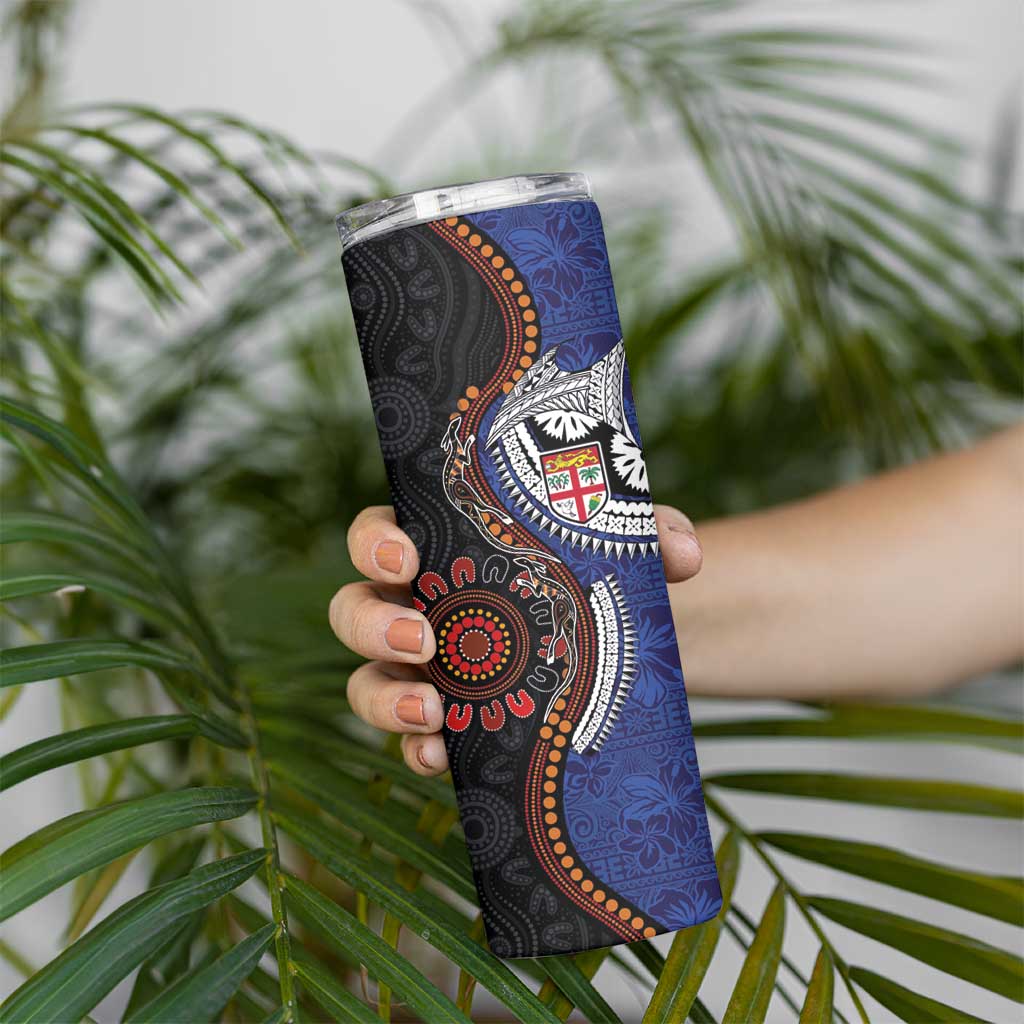 Fiji and Australia Together Skinny Tumbler Kangaroo Aboriginal with Tribal Tapa Hibiscus Half Style LT03 - Polynesian Pride