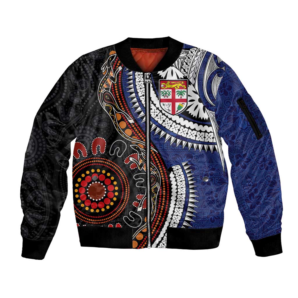 Fiji and Australia Together Sleeve Zip Bomber Jacket Kangaroo Aboriginal with Tribal Tapa Hibiscus Half Style - Polynesian Pride