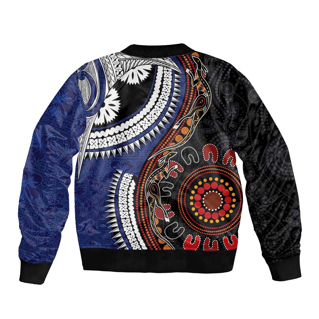 Fiji and Australia Together Sleeve Zip Bomber Jacket Kangaroo Aboriginal with Tribal Tapa Hibiscus Half Style - Polynesian Pride