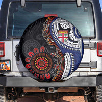 Fiji and Australia Together Spare Tire Cover Kangaroo Aboriginal with Tribal Tapa Hibiscus Half Style LT03 Black - Polynesian Pride