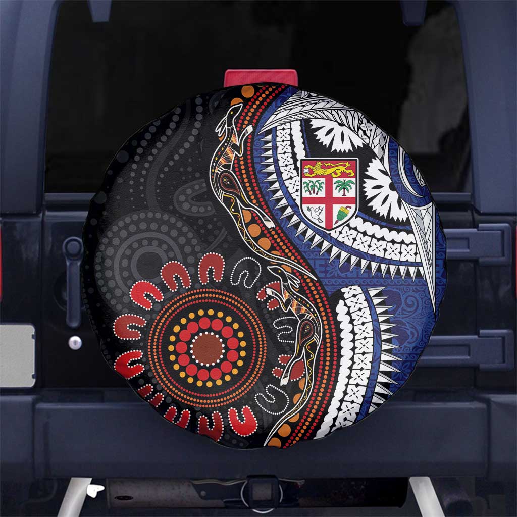 Fiji and Australia Together Spare Tire Cover Kangaroo Aboriginal with Tribal Tapa Hibiscus Half Style LT03 No hole Black - Polynesian Pride