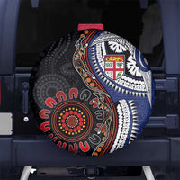 Fiji and Australia Together Spare Tire Cover Kangaroo Aboriginal with Tribal Tapa Hibiscus Half Style LT03 No hole Black - Polynesian Pride