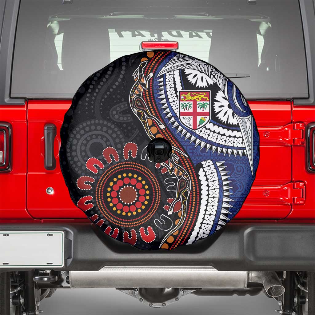 Fiji and Australia Together Spare Tire Cover Kangaroo Aboriginal with Tribal Tapa Hibiscus Half Style LT03 - Polynesian Pride