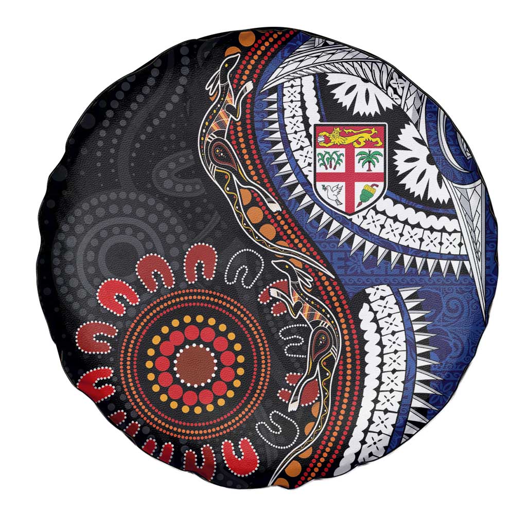 Fiji and Australia Together Spare Tire Cover Kangaroo Aboriginal with Tribal Tapa Hibiscus Half Style LT03 - Polynesian Pride