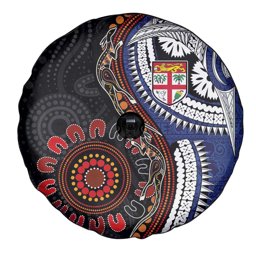 Fiji and Australia Together Spare Tire Cover Kangaroo Aboriginal with Tribal Tapa Hibiscus Half Style LT03 - Polynesian Pride