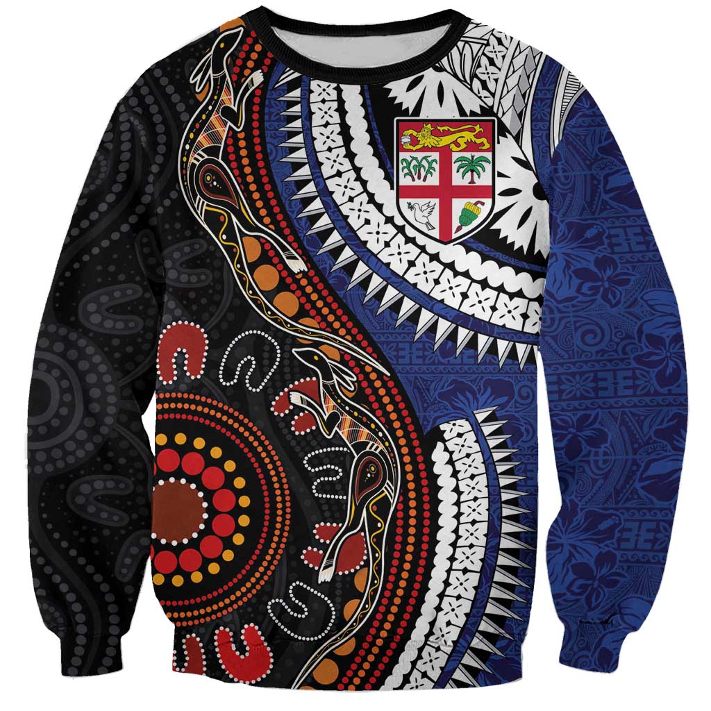 Fiji and Australia Together Sweatshirt Kangaroo Aboriginal with Tribal Tapa Hibiscus Half Style - Polynesian Pride
