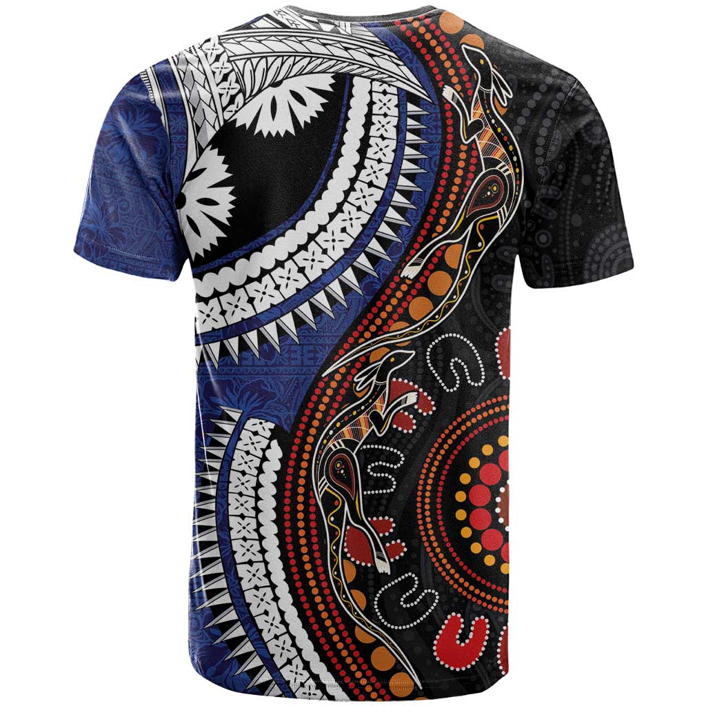Fiji and Australia Together T Shirt Kangaroo Aboriginal with Tribal Tapa Hibiscus Half Style - Polynesian Pride