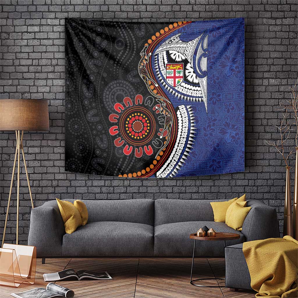 Fiji and Australia Together Tapestry Kangaroo Aboriginal with Tribal Tapa Hibiscus Half Style - Polynesian Pride