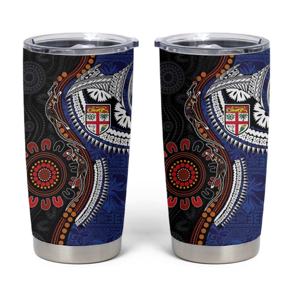 Fiji and Australia Together Tumbler Cup Kangaroo Aboriginal with Tribal Tapa Hibiscus Half Style - Polynesian Pride