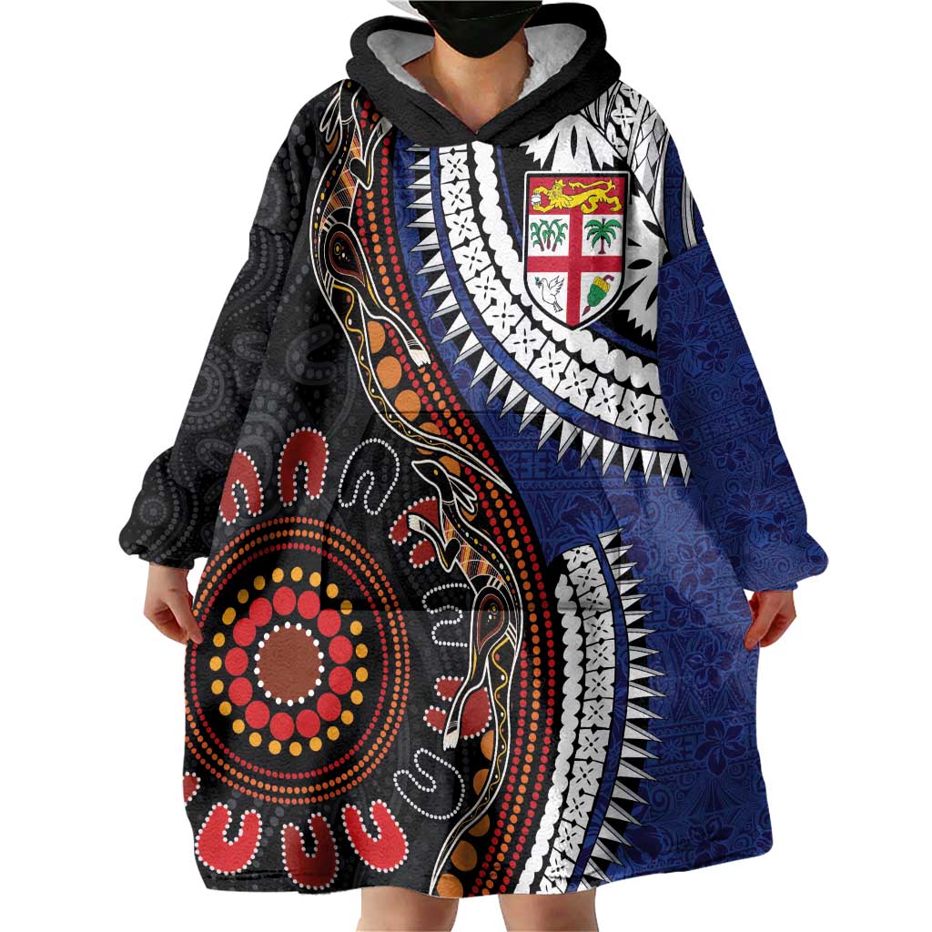 Fiji and Australia Together Wearable Blanket Hoodie Kangaroo Aboriginal with Tribal Tapa Hibiscus Half Style - Polynesian Pride