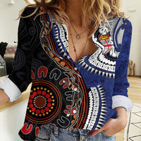 Fiji and Australia Together Women Casual Shirt Kangaroo Aboriginal with Tribal Tapa Hibiscus Half Style - Polynesian Pride