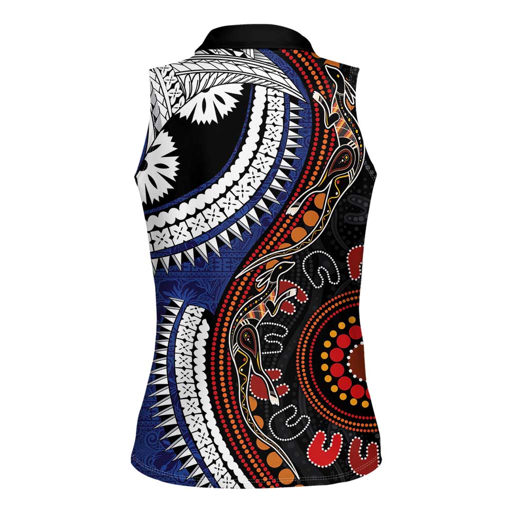 Fiji and Australia Together Women Sleeveless Polo Shirt Kangaroo Aboriginal with Tribal Tapa Hibiscus Half Style - Polynesian Pride