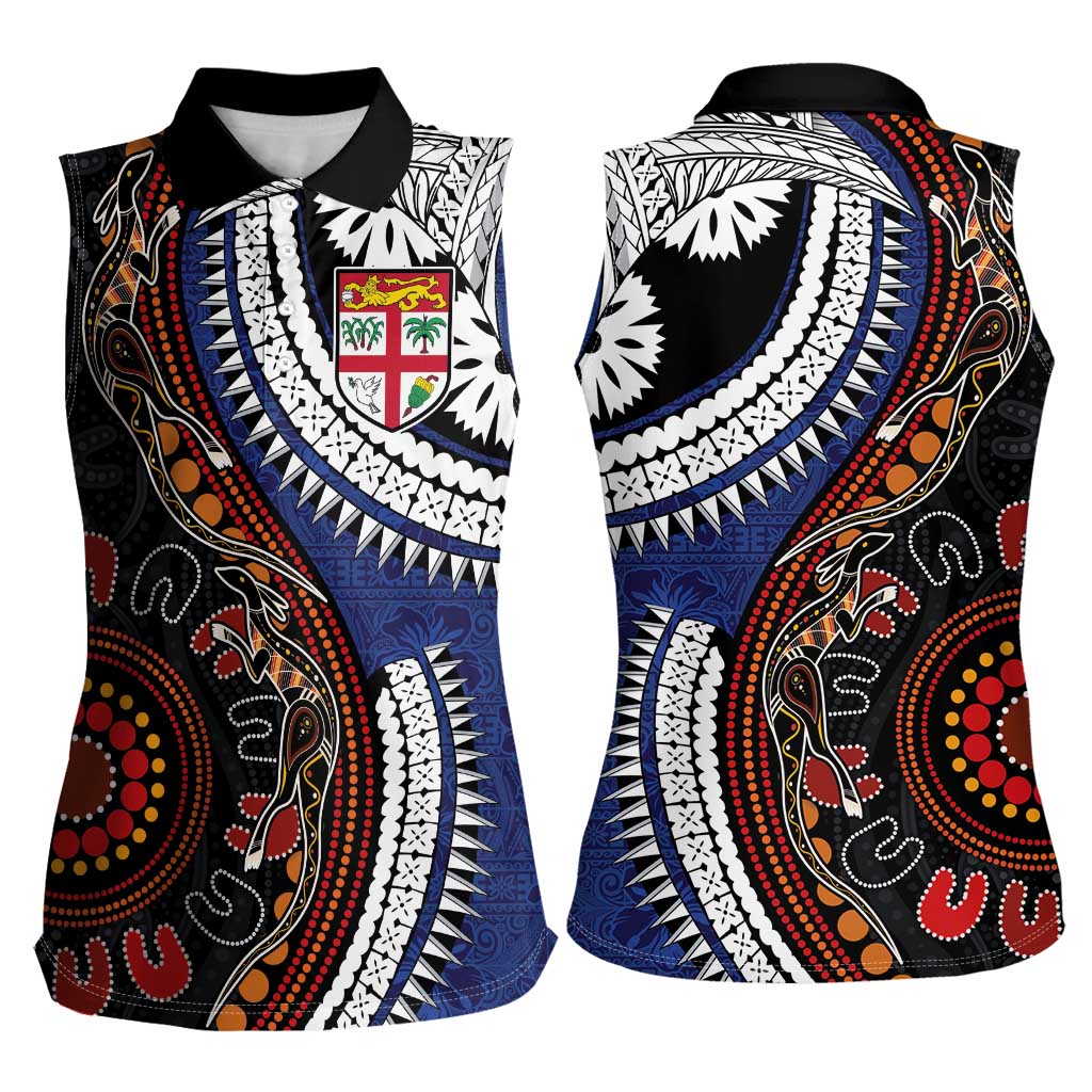 Fiji and Australia Together Women Sleeveless Polo Shirt Kangaroo Aboriginal with Tribal Tapa Hibiscus Half Style - Polynesian Pride