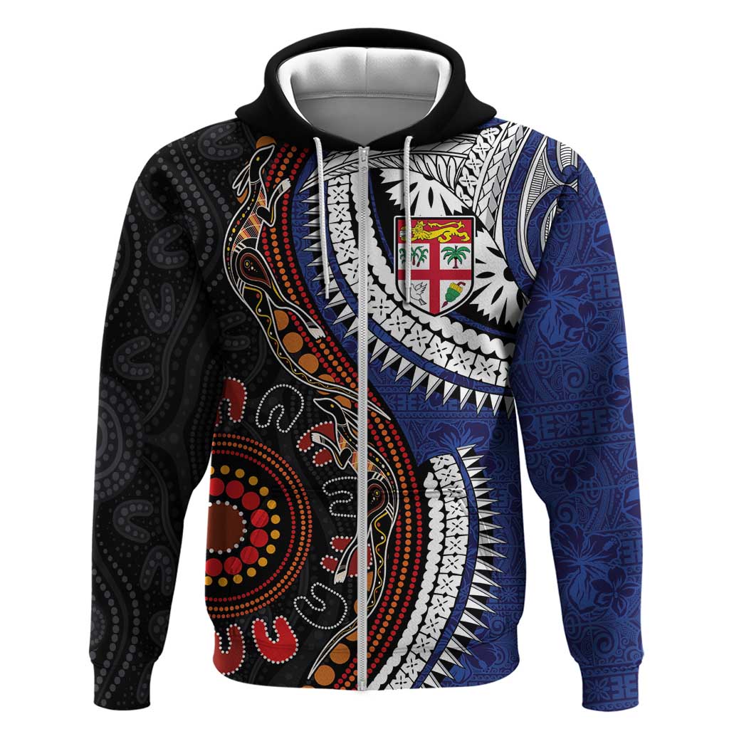 Fiji and Australia Together Zip Hoodie Kangaroo Aboriginal with Tribal Tapa Hibiscus Half Style - Polynesian Pride