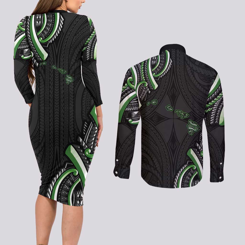 Traditional Art Hawaiian Kakau Tattoos Couples Matching Long Sleeve Bodycon Dress and Long Sleeve Button Shirt Green Color - Polynesian Pride