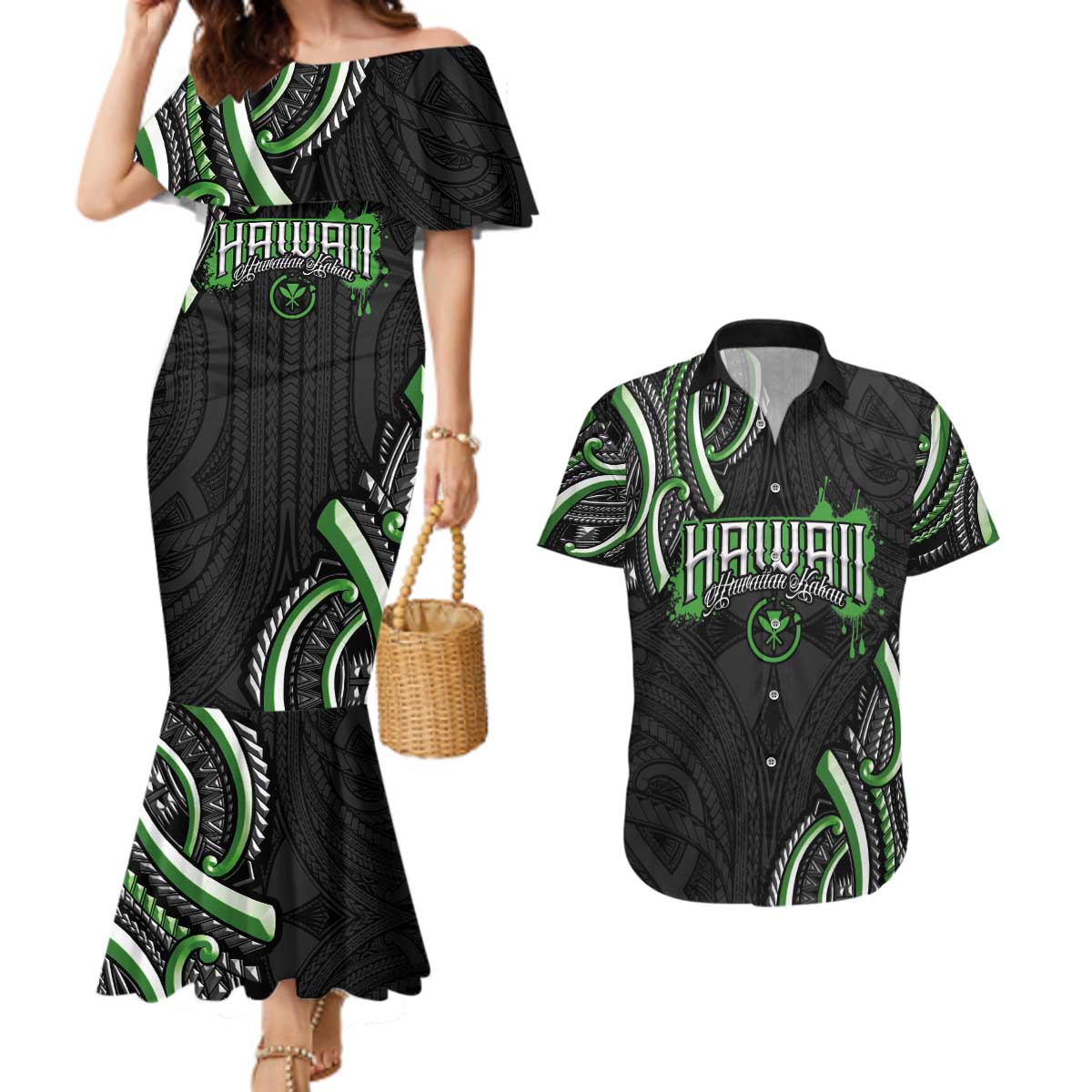 Traditional Art Hawaiian Kakau Tattoos Couples Matching Mermaid Dress and Hawaiian Shirt Green Color - Polynesian Pride