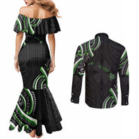 Traditional Art Hawaiian Kakau Tattoos Couples Matching Mermaid Dress and Long Sleeve Button Shirt Green Color - Polynesian Pride