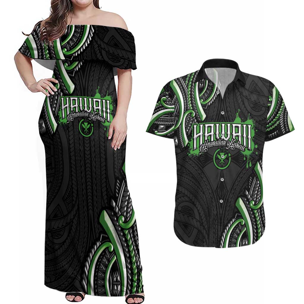Traditional Art Hawaiian Kakau Tattoos Couples Matching Off Shoulder Maxi Dress and Hawaiian Shirt Green Color - Polynesian Pride