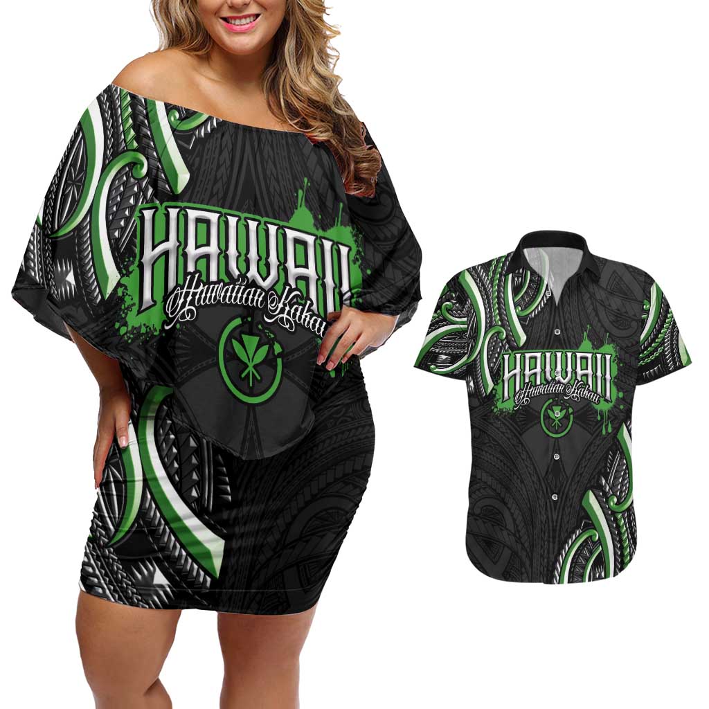 Traditional Art Hawaiian Kakau Tattoos Couples Matching Off Shoulder Short Dress and Hawaiian Shirt Green Color - Polynesian Pride