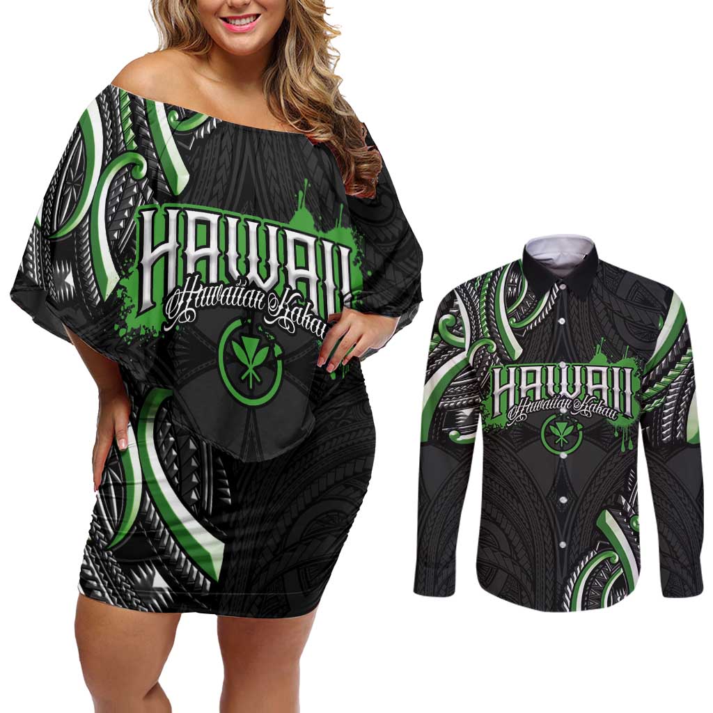 Traditional Art Hawaiian Kakau Tattoos Couples Matching Off Shoulder Short Dress and Long Sleeve Button Shirt Green Color - Polynesian Pride