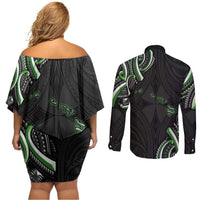 Traditional Art Hawaiian Kakau Tattoos Couples Matching Off Shoulder Short Dress and Long Sleeve Button Shirt Green Color - Polynesian Pride