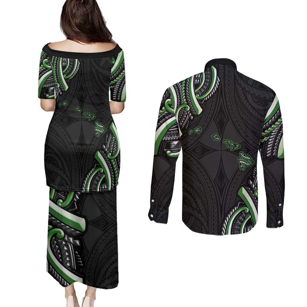 Traditional Art Hawaiian Kakau Tattoos Couples Matching Puletasi and Long Sleeve Button Shirt Green Color - Polynesian Pride