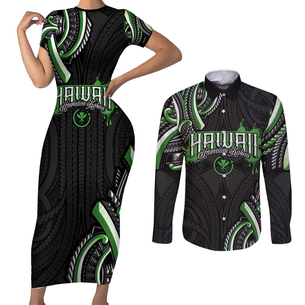 Traditional Art Hawaiian Kakau Tattoos Couples Matching Short Sleeve Bodycon Dress and Long Sleeve Button Shirt Green Color - Polynesian Pride