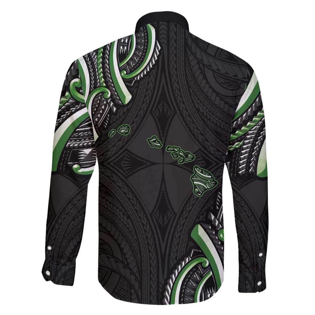 Traditional Art Hawaiian Kakau Tattoos Family Matching Long Sleeve Bodycon Dress and Hawaiian Shirt Green Color - Polynesian Pride