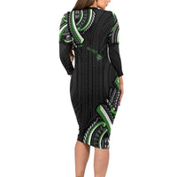 Traditional Art Hawaiian Kakau Tattoos Family Matching Long Sleeve Bodycon Dress and Hawaiian Shirt Green Color - Polynesian Pride