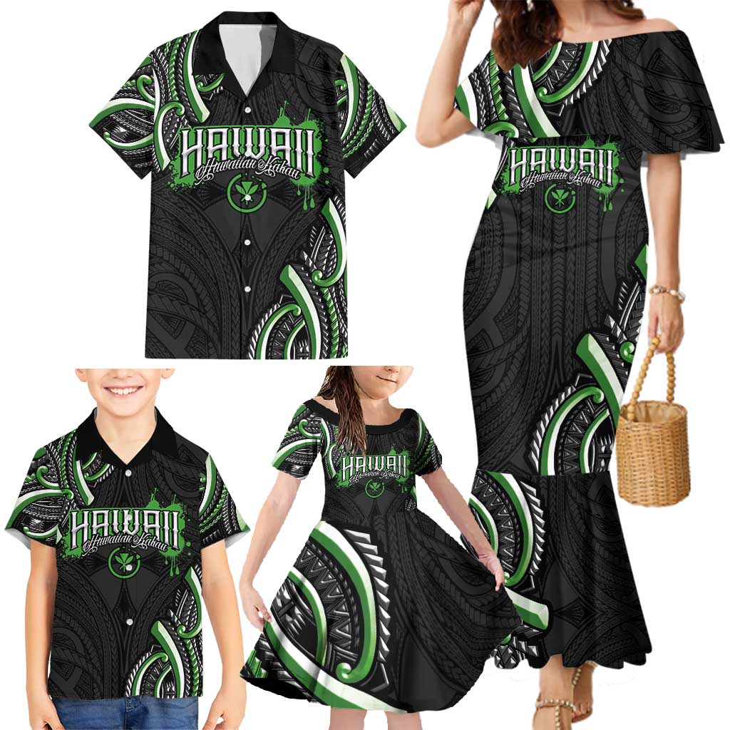 Traditional Art Hawaiian Kakau Tattoos Family Matching Mermaid Dress and Hawaiian Shirt Green Color - Polynesian Pride
