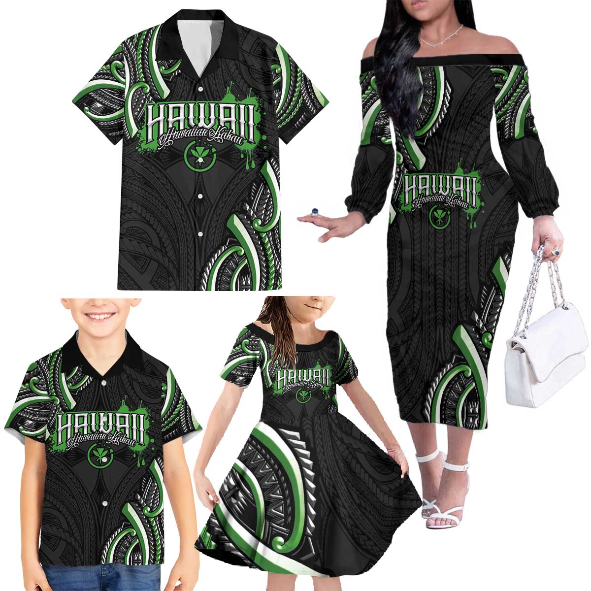 Traditional Art Hawaiian Kakau Tattoos Family Matching Off The Shoulder Long Sleeve Dress and Hawaiian Shirt Green Color - Polynesian Pride